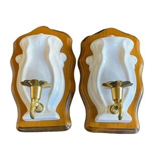 2 Vintage White and Gold Wall Sconces. Taper Candle. Wood, Ceramic, Brass.